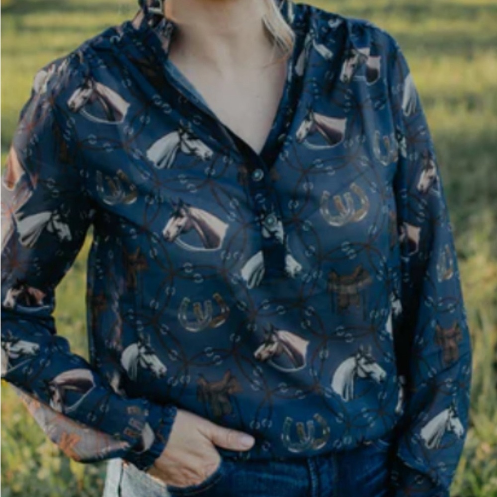 Tasha Polizzi Blue Long Sleeve Blouse with Mandarin Collar and Unique Pattern